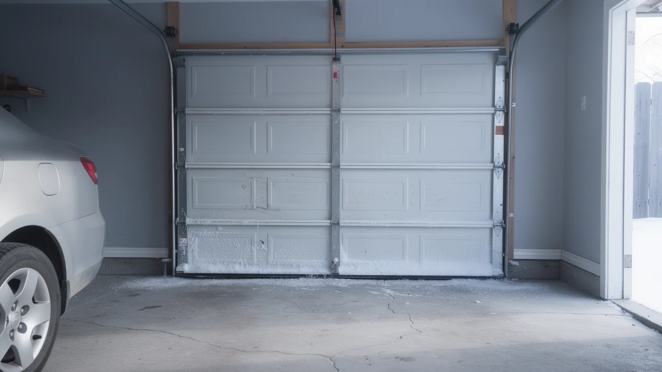 The white garage door is closed with snow and ice at the bottom.