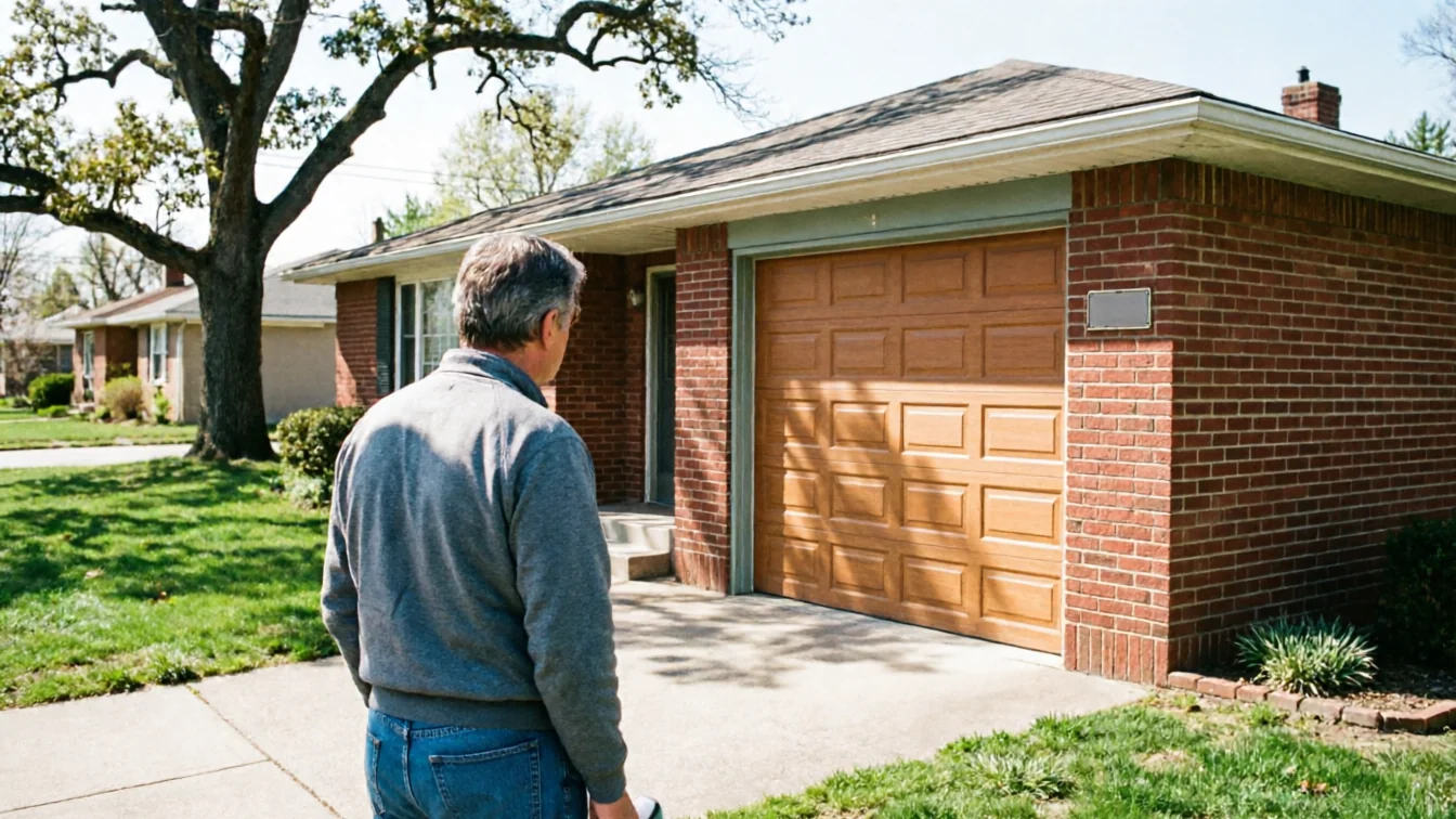A man stands on a driveway looking at a brown garage door on a brick house.