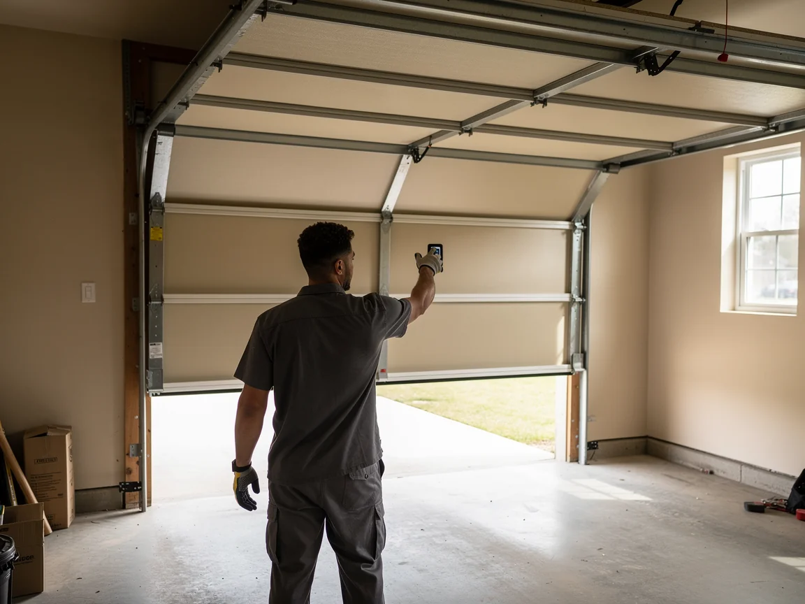 A technician in a gray uniform holds a remote, looking at an open garage door.